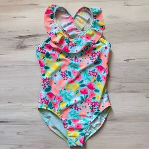 Cat & Jack Colorful Floral Ruffle One Piece Swimsuit - Pink, Yellow, Blue